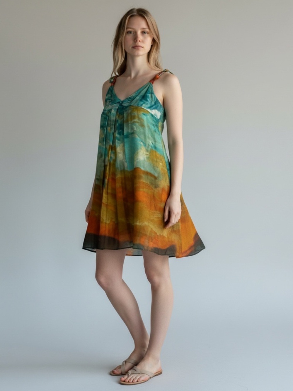 Nine West Silk Blend Watercolor Sunset Dress Size 4 Resort A-Line Mini Artsy
